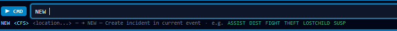 ctHelixCAD command-line prompt showing a NEW command being typed with inline help text — 'NEW <CFS> <location...> — Create incident in current event' and example codes ASSIST, DIST, FIGHT, THEFT, LOSTCHILD, SUSP