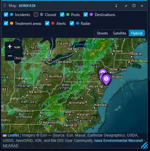 ctHelixCAD map view with toggleable overlay layers for incidents, closed calls, posts, destinations, treatment areas, alerts, and weather radar