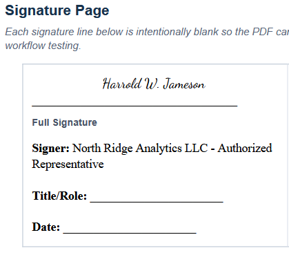 Signature page showing a completed handwritten signature from the signer
