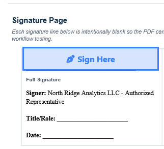 Signature page showing a Sign Here button placeholder where the recipient will sign